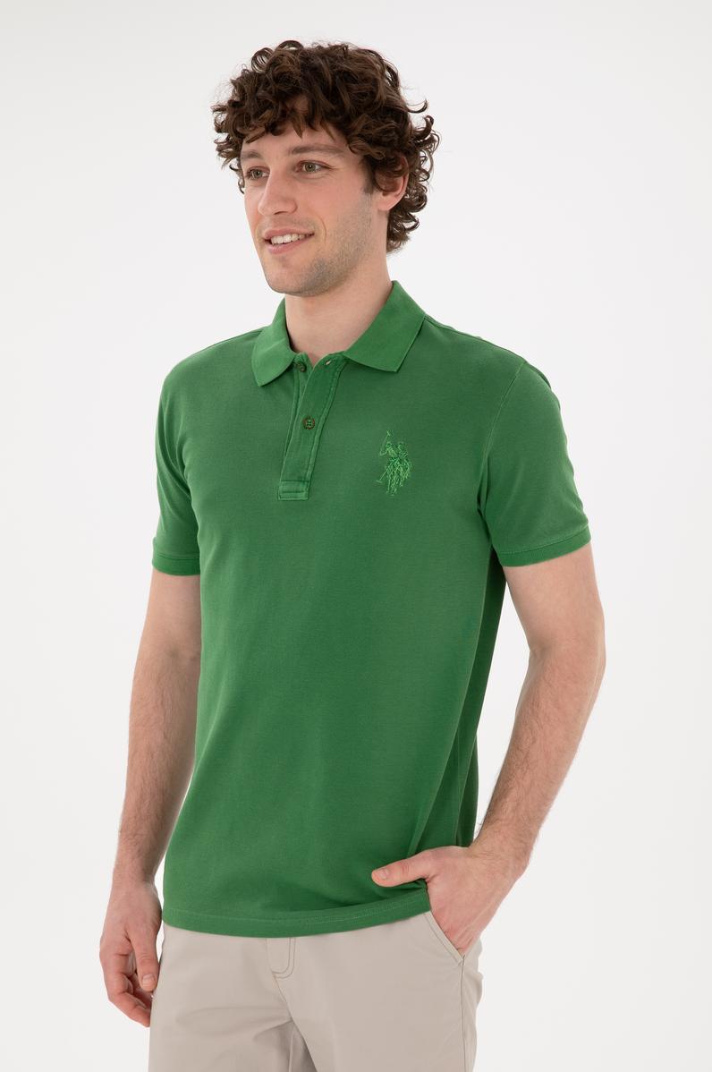 Erkek Slim Fit Polo Yaka Yeşil Basic Tişört