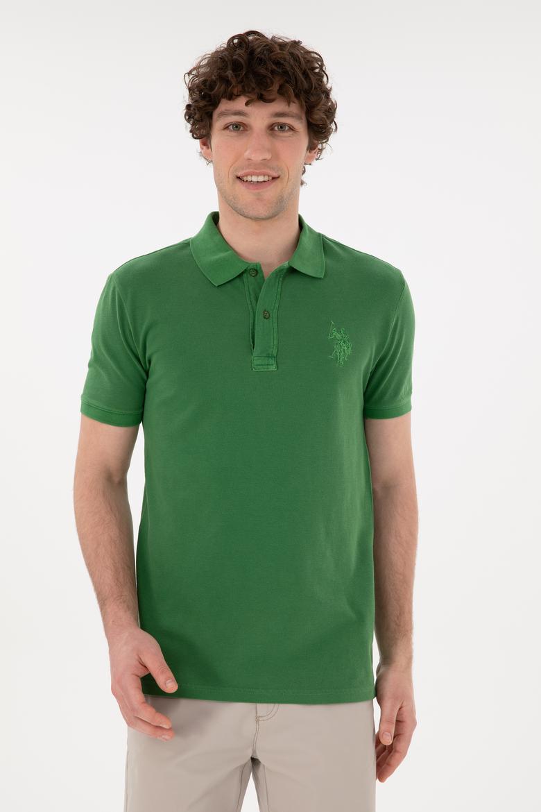 Erkek Slim Fit Polo Yaka Yeşil Basic Tişört