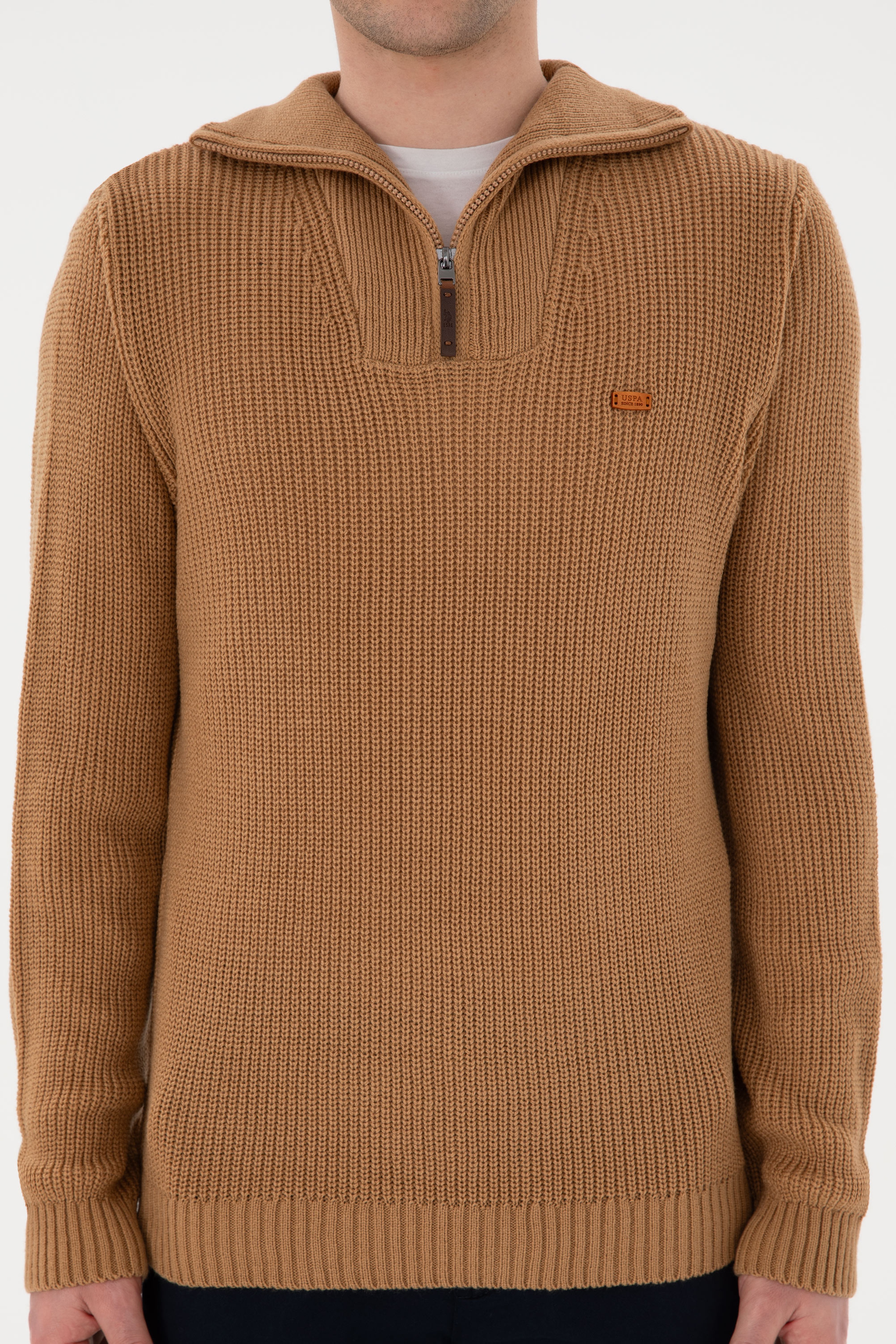 Erkek Regular Fit Yarım Fermuarlı Camel Kazak