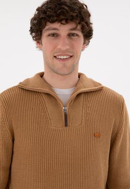 Erkek Regular Fit Yarım Fermuarlı Camel Kazak - 50297047053