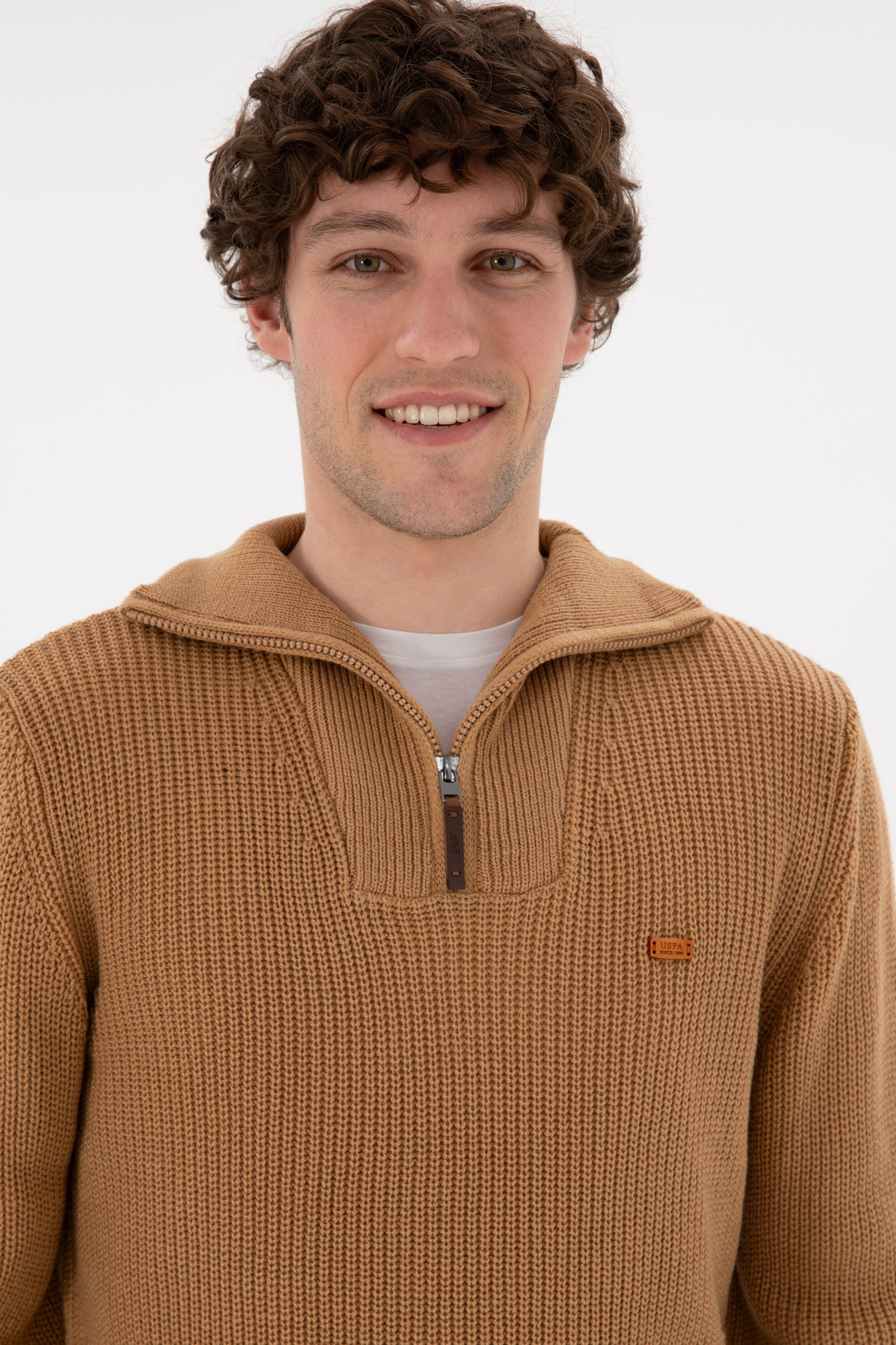 Erkek Regular Fit Yarım Fermuarlı Camel Kazak - Image 2