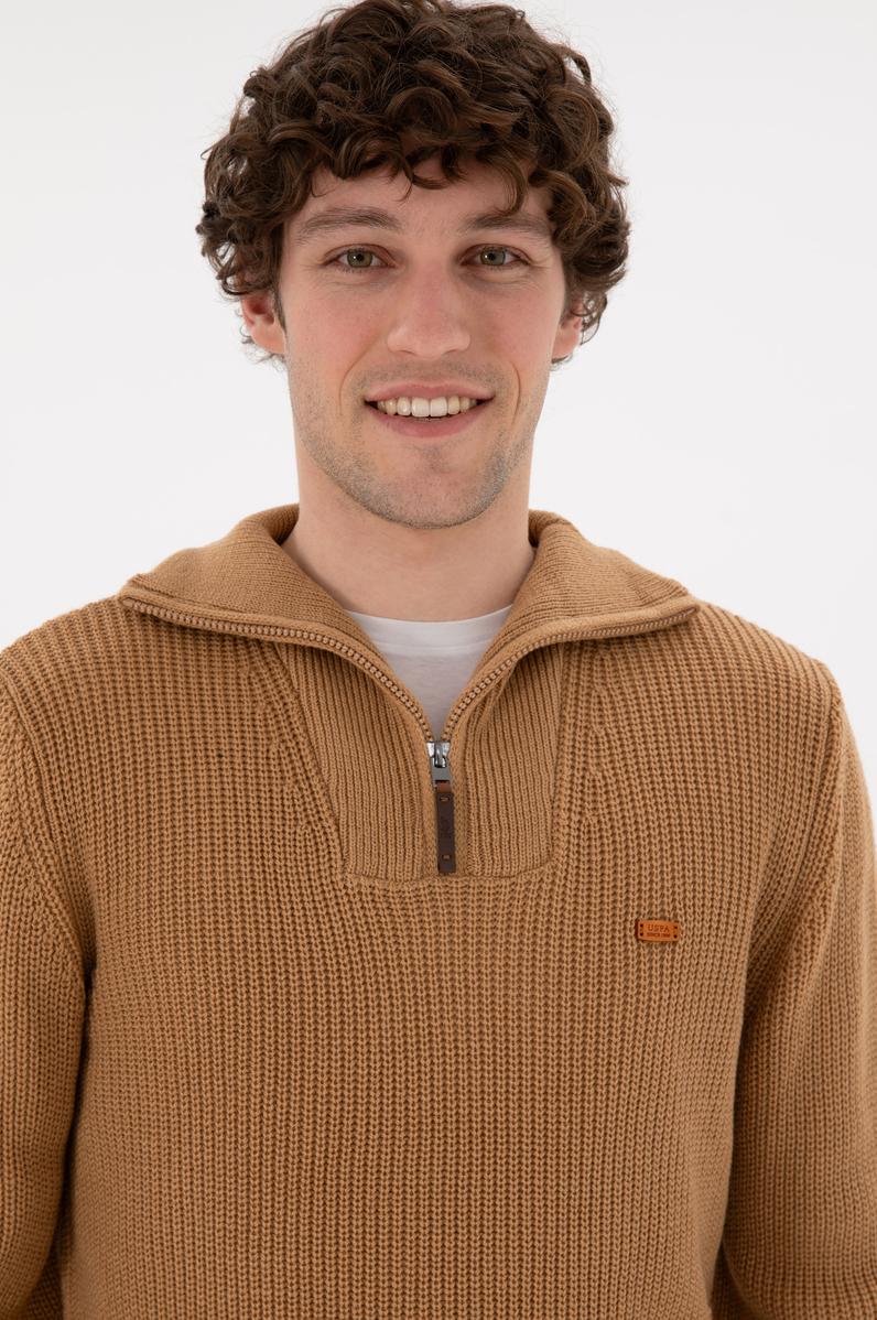 Erkek Regular Fit Yarım Fermuarlı Camel Kazak