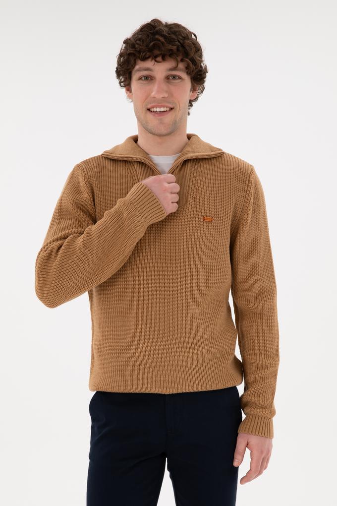 Erkek Regular Fit Yarım Fermuarlı Camel Kazak