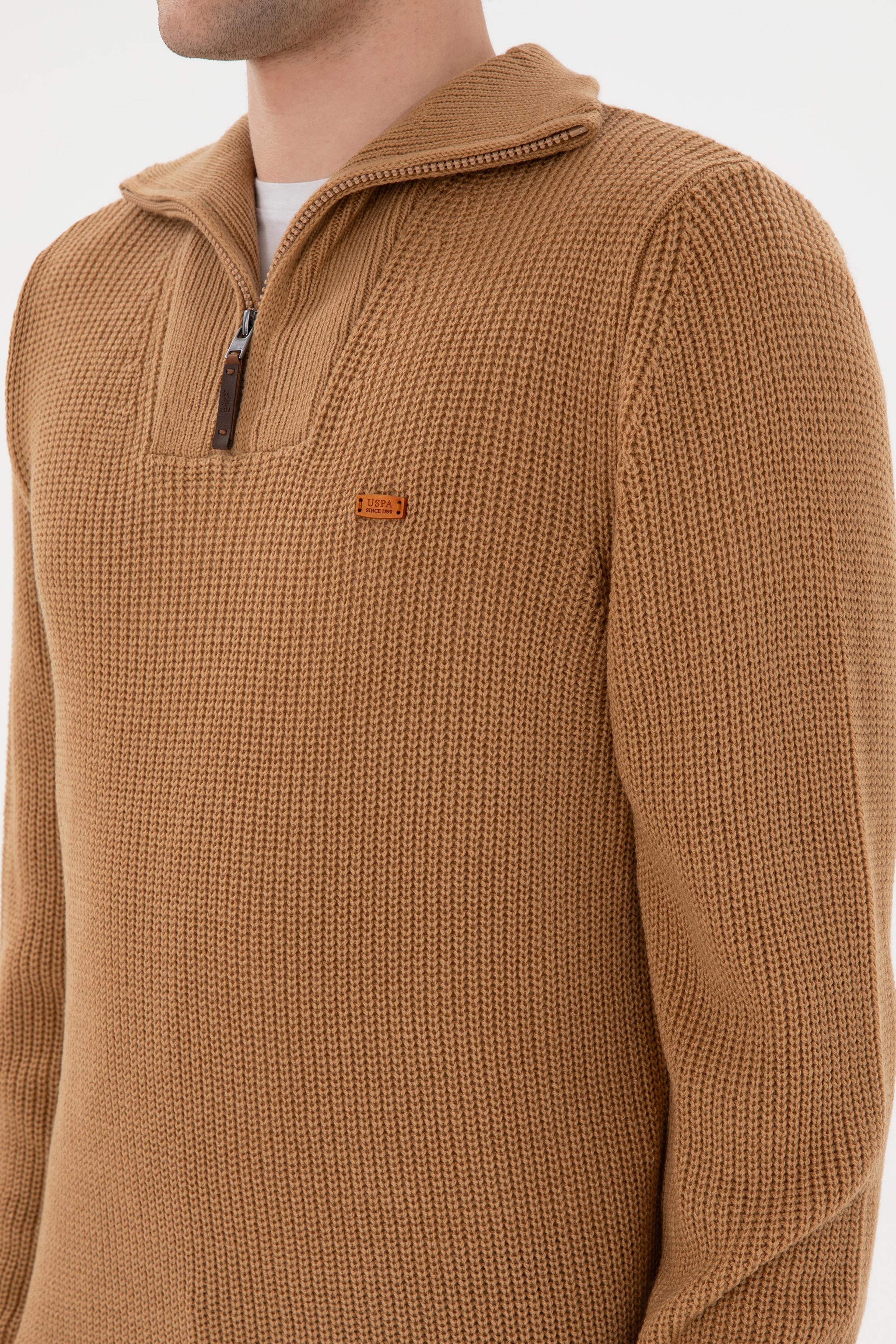 Erkek Regular Fit Yarım Fermuarlı Camel Kazak - Image 7