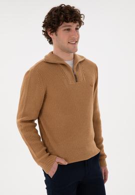 Erkek Regular Fit Yarım Fermuarlı Camel Kazak - 50297047053