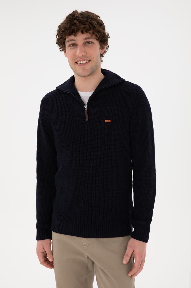 Erkek Regular Fit Yarım Fermuarlı Lacivert Kazak