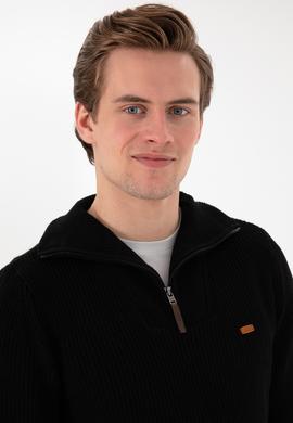 Erkek Regular Fit Yarım Fermuarlı Siyah Kazak - 50297047016