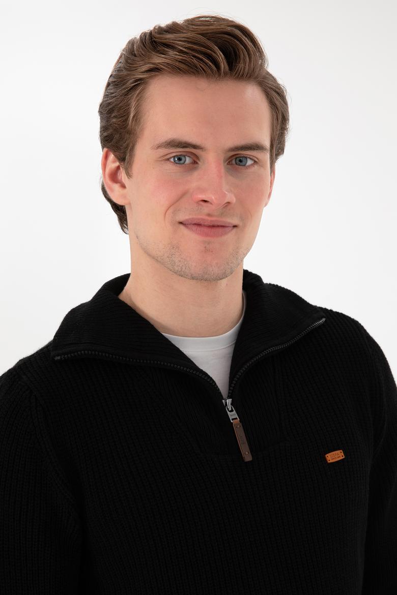 Erkek Regular Fit Yarım Fermuarlı Siyah Kazak - 50297047016