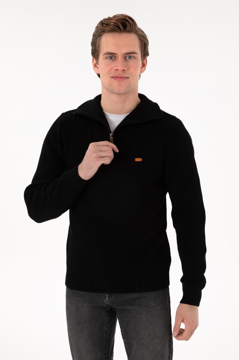 Erkek Regular Fit Yarım Fermuarlı Siyah Kazak