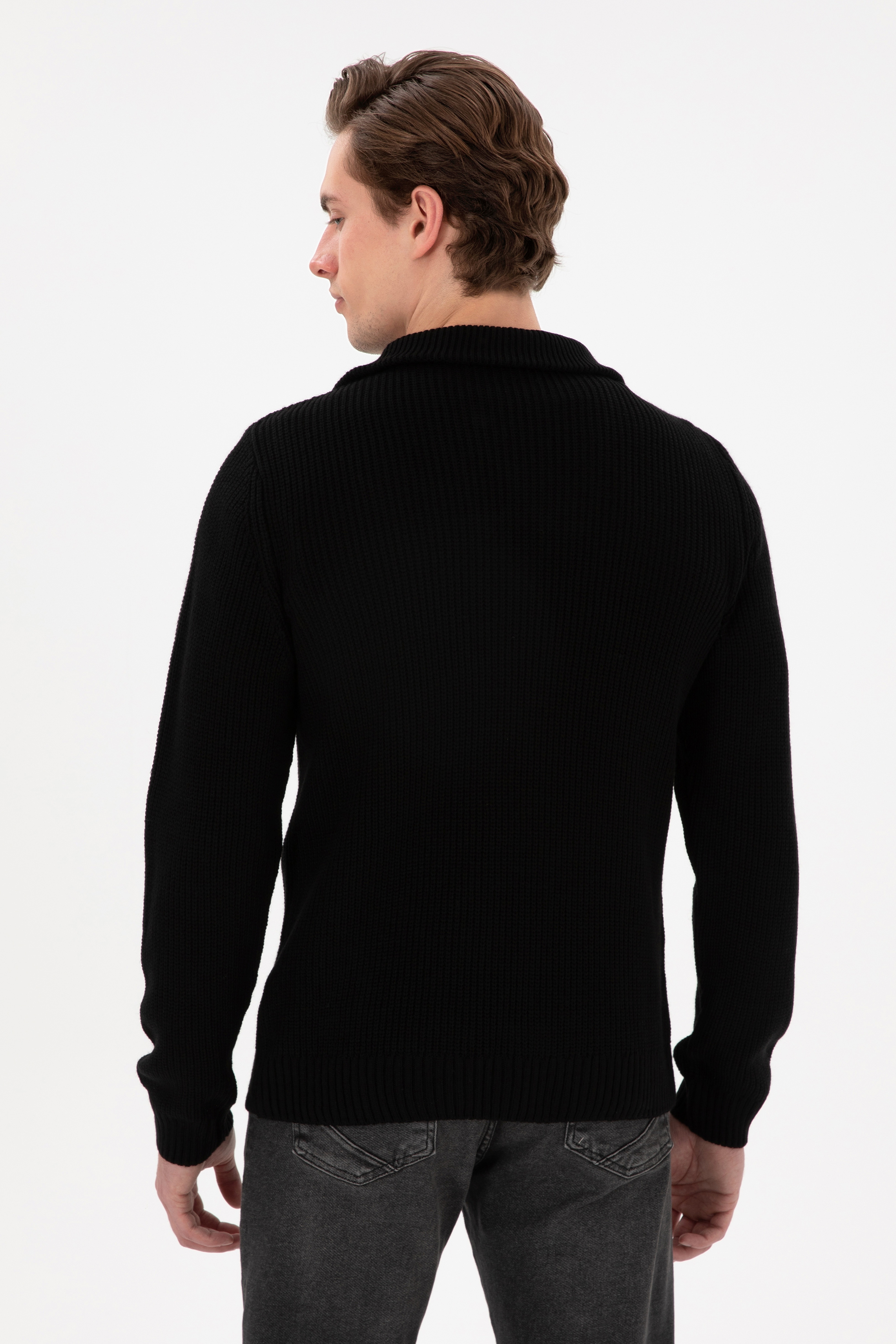 Erkek Regular Fit Yarım Fermuarlı Siyah Kazak - Image 5