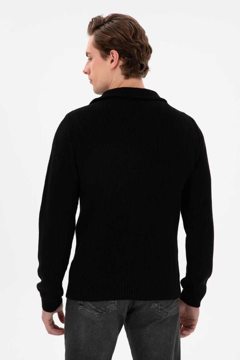 Erkek Regular Fit Yarım Fermuarlı Siyah Kazak - 50297047016