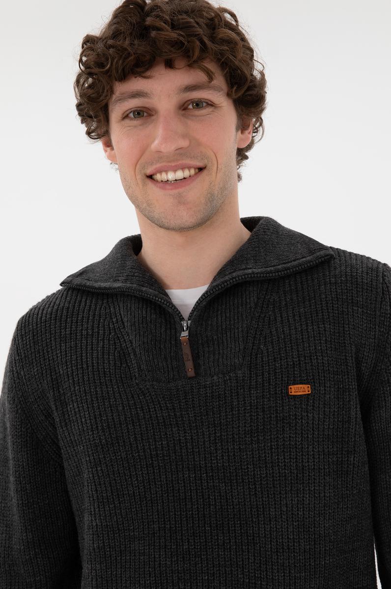 Erkek Regular Fit Yarım Fermuarlı Antrasit Kazak