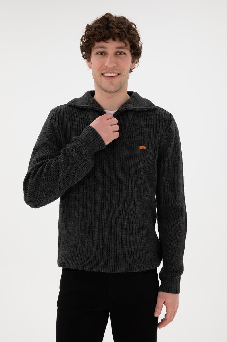 Erkek Regular Fit Yarım Fermuarlı Antrasit Kazak