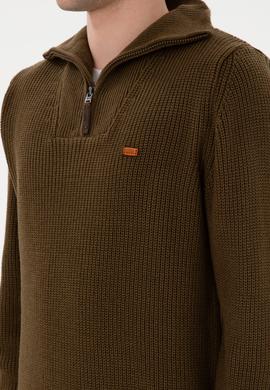 Erkek Regular Fit Yarım Fermuarlı Haki Kazak - 50297047036