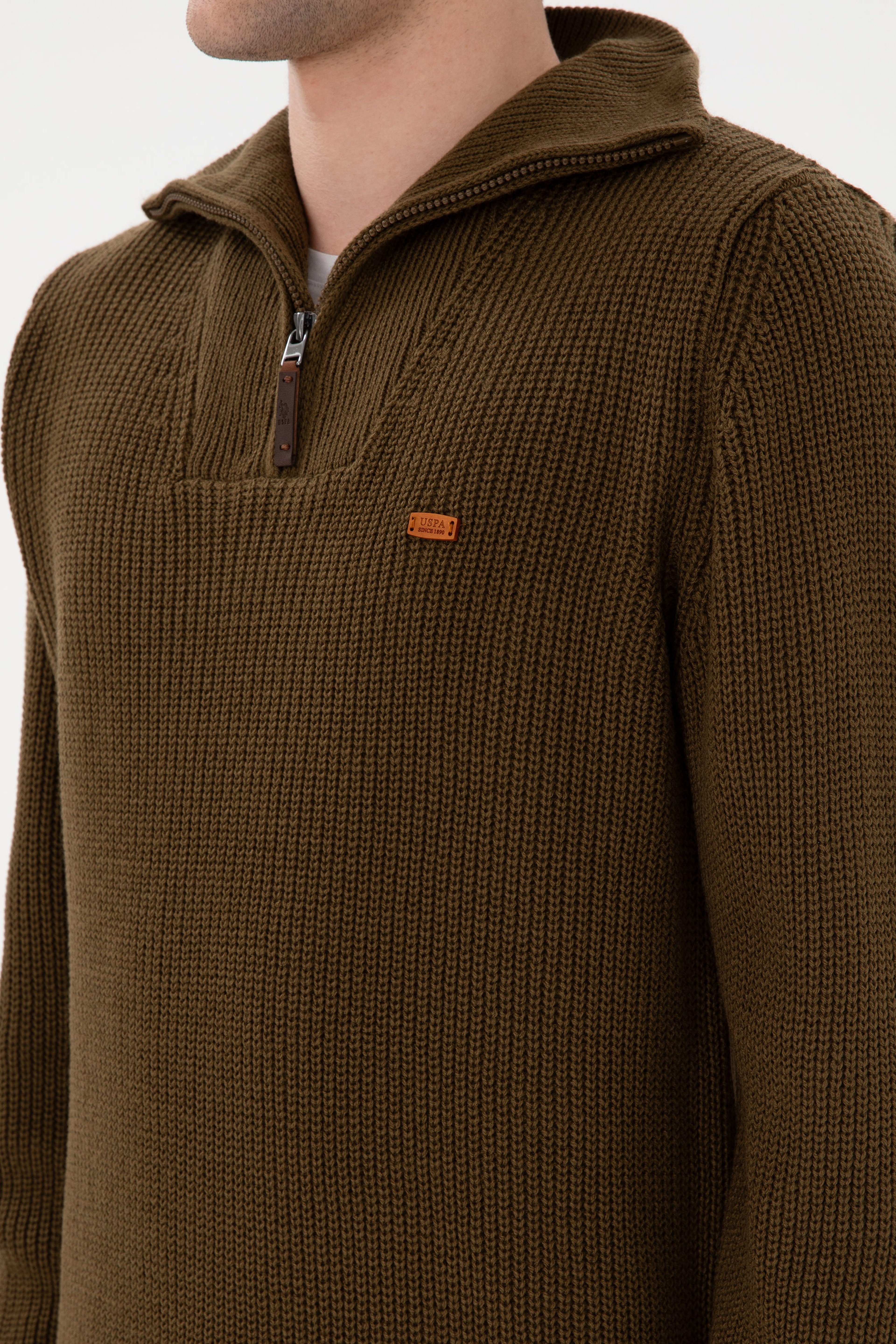 Erkek Regular Fit Yarım Fermuarlı Haki Kazak - Image 7