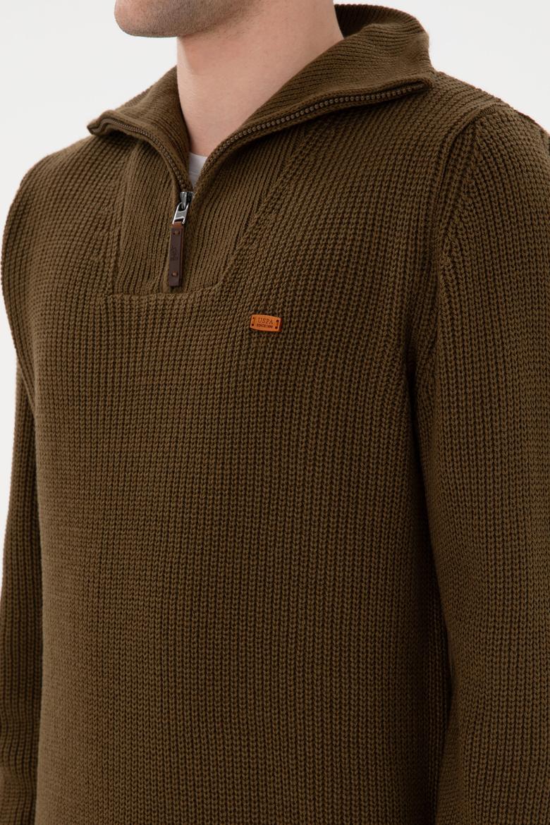 Erkek Regular Fit Yarım Fermuarlı Haki Kazak - 50297047036