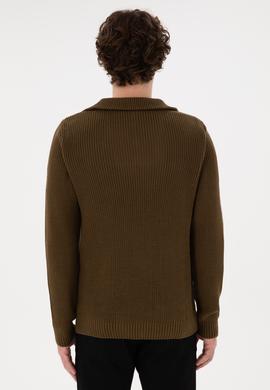 Erkek Regular Fit Yarım Fermuarlı Haki Kazak - 50297047036