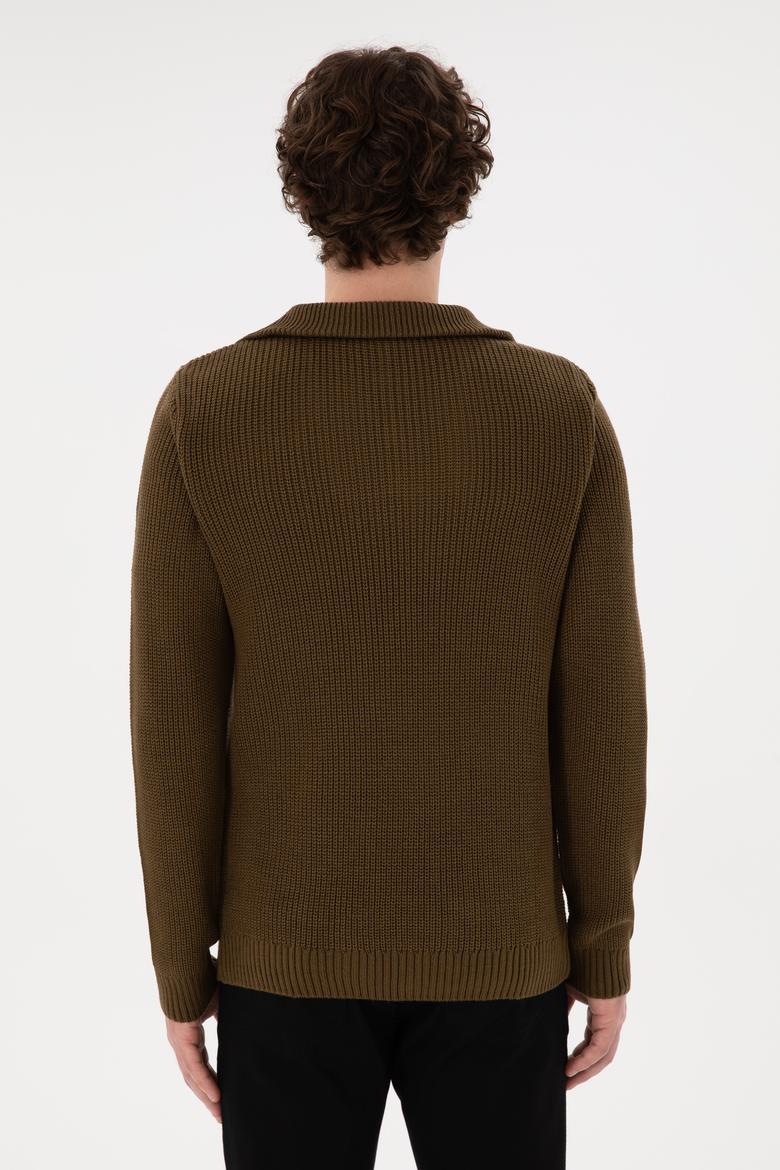 Erkek Regular Fit Yarım Fermuarlı Haki Kazak - 50297047036