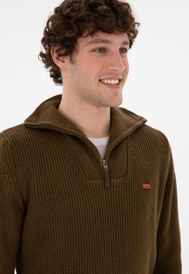 Erkek Regular Fit Yarım Fermuarlı Haki Kazak - 50297047036