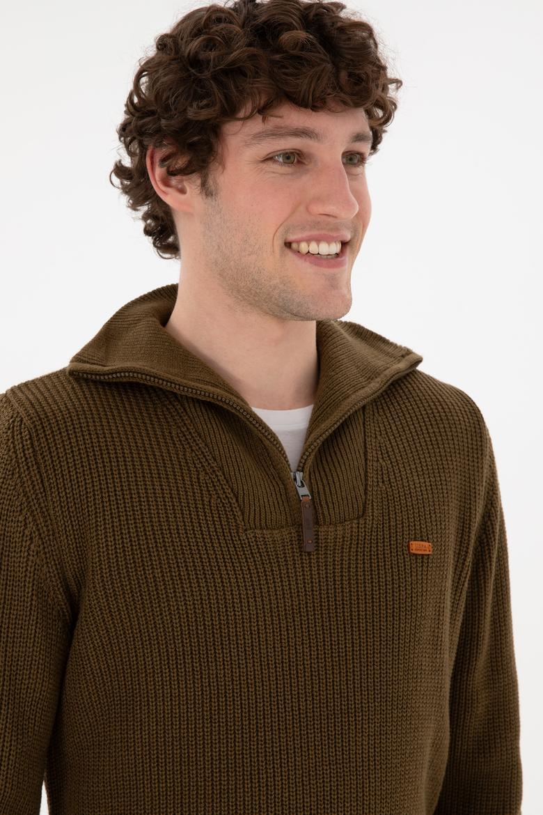 Erkek Regular Fit Yarım Fermuarlı Haki Kazak