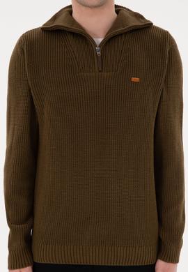 Erkek Regular Fit Yarım Fermuarlı Haki Kazak - 50297047036