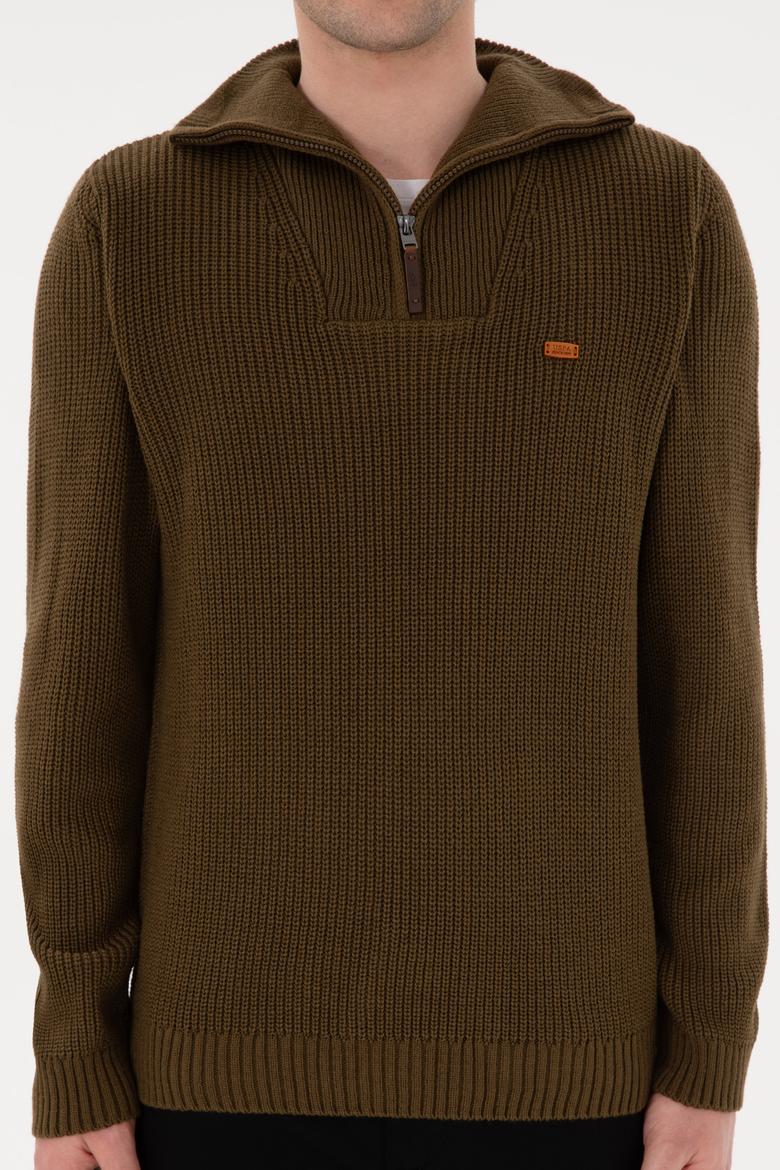 Erkek Regular Fit Yarım Fermuarlı Haki Kazak - 50297047036