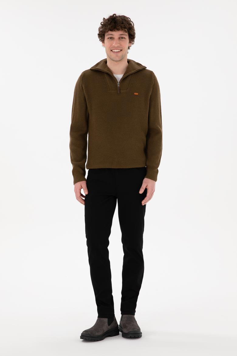 Erkek Regular Fit Yarım Fermuarlı Haki Kazak - 50297047036