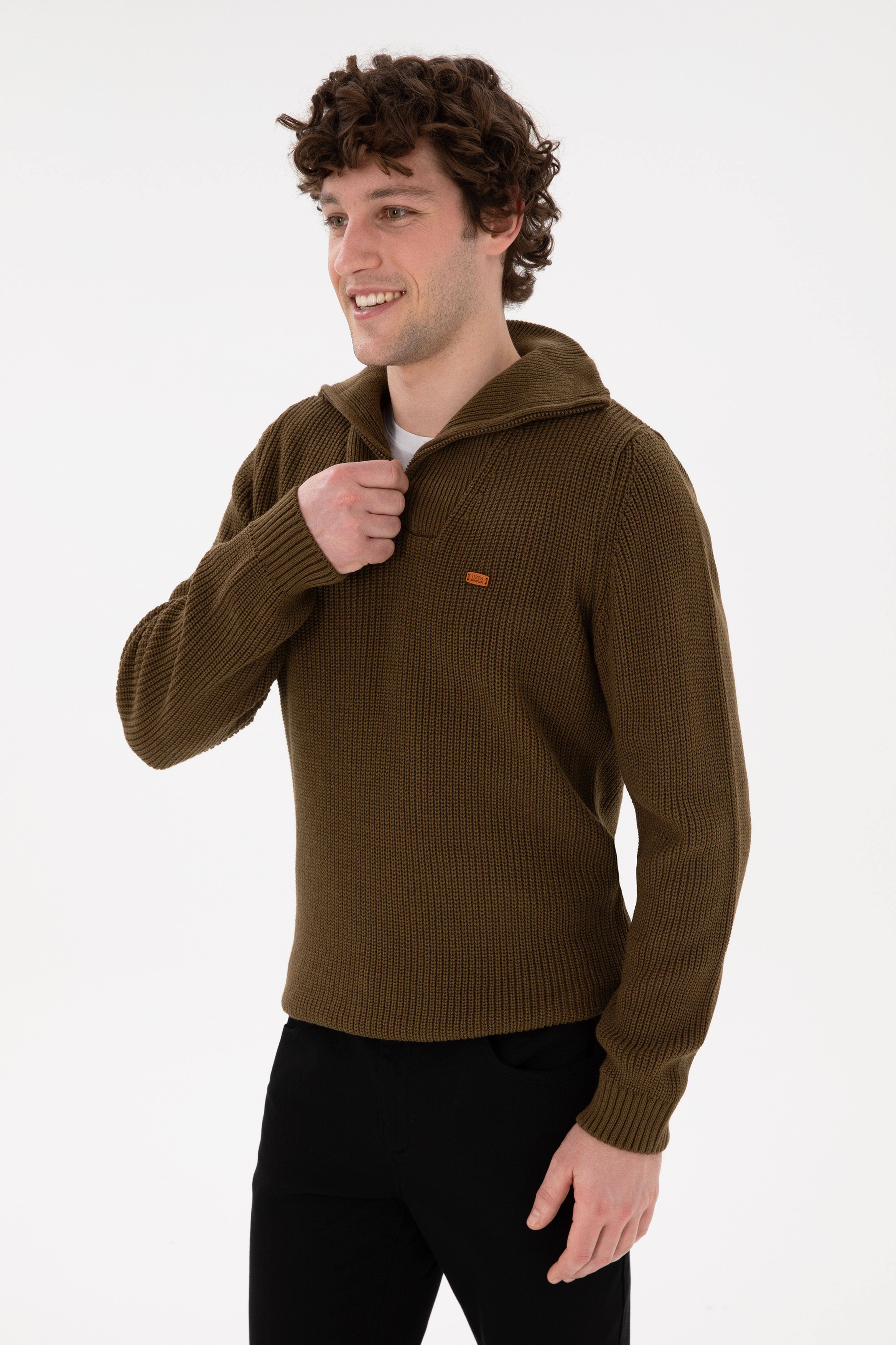 Erkek Regular Fit Yarım Fermuarlı Haki Kazak - Image 2
