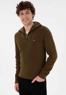 Erkek Regular Fit Yarım Fermuarlı Haki Kazak - 50297047036