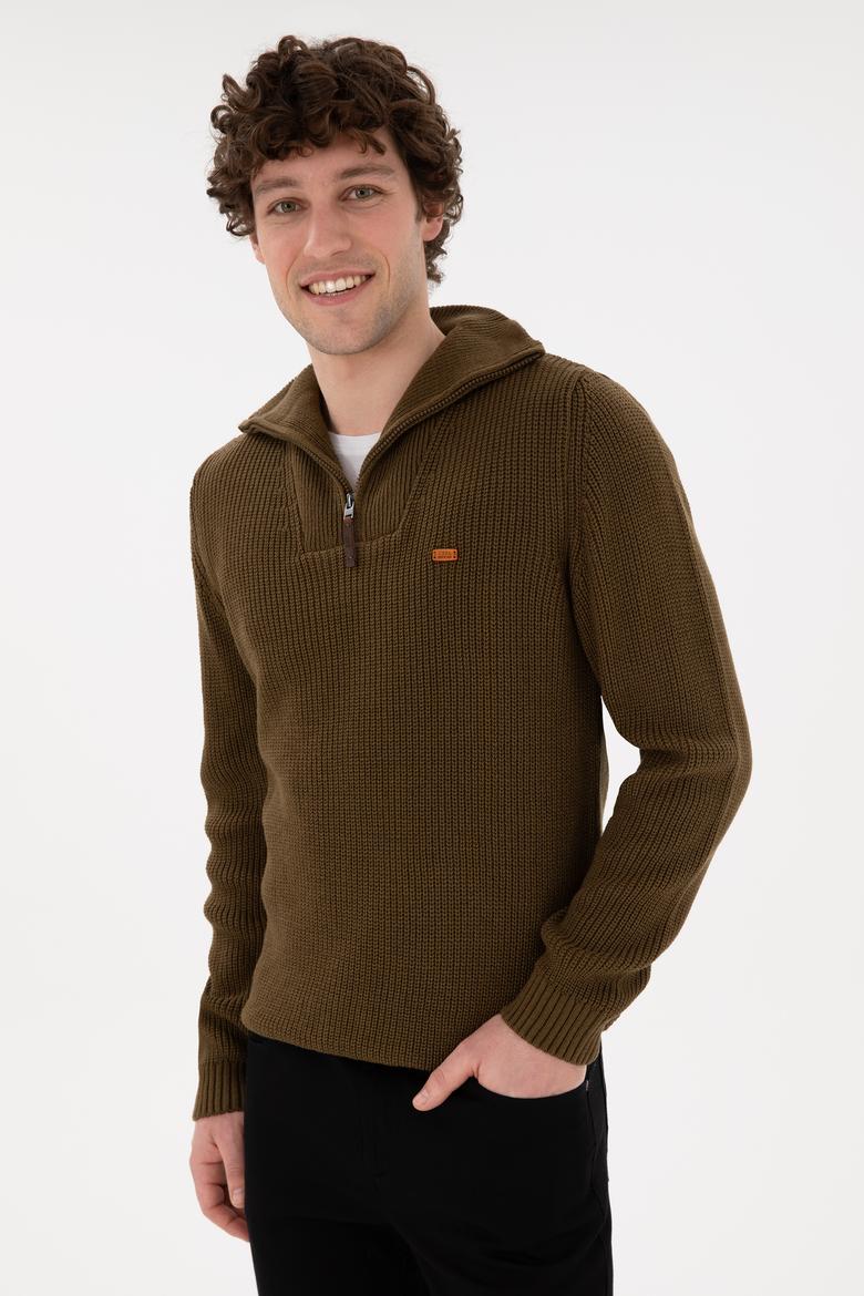 Erkek Regular Fit Yarım Fermuarlı Haki Kazak - 50297047036