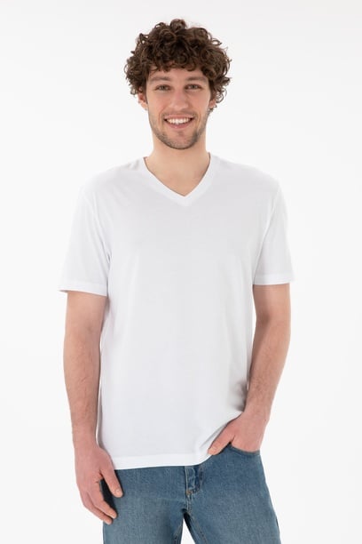 Erkek Regular Fit  V Yaka Beyaz Basic Tişört