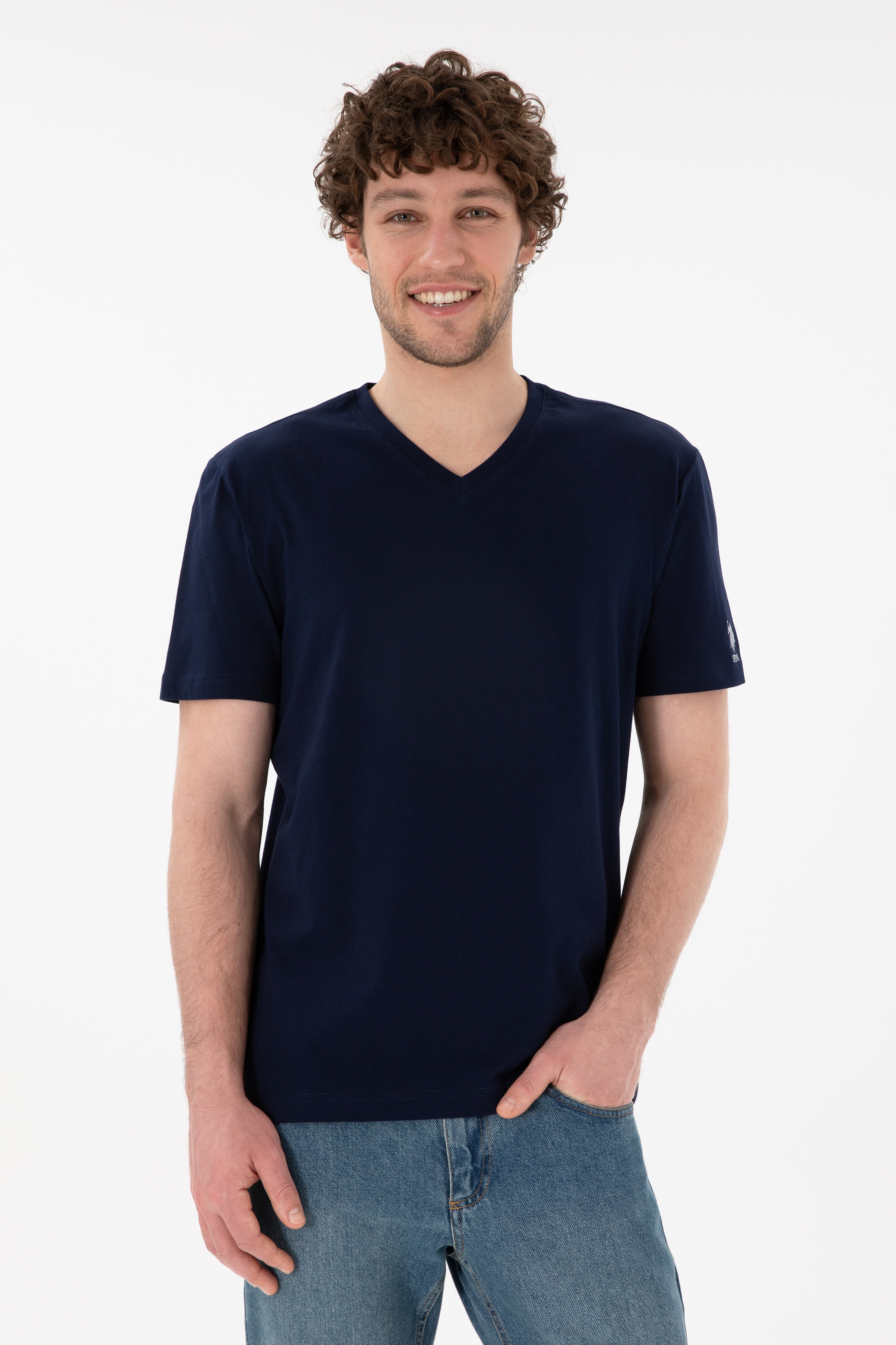 Erkek Regular Fit  V Yaka Lacivert Basic Tişört