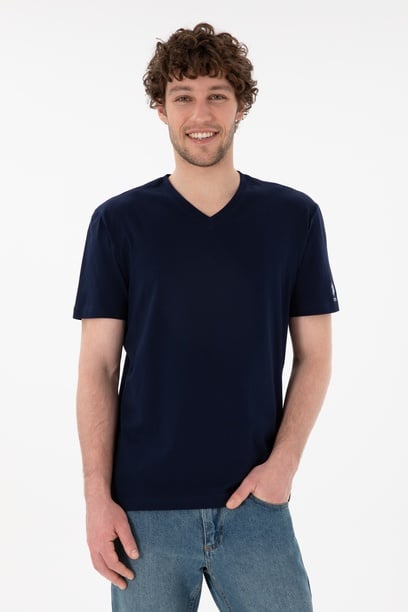 Erkek Regular Fit  V Yaka Lacivert Basic Tişört