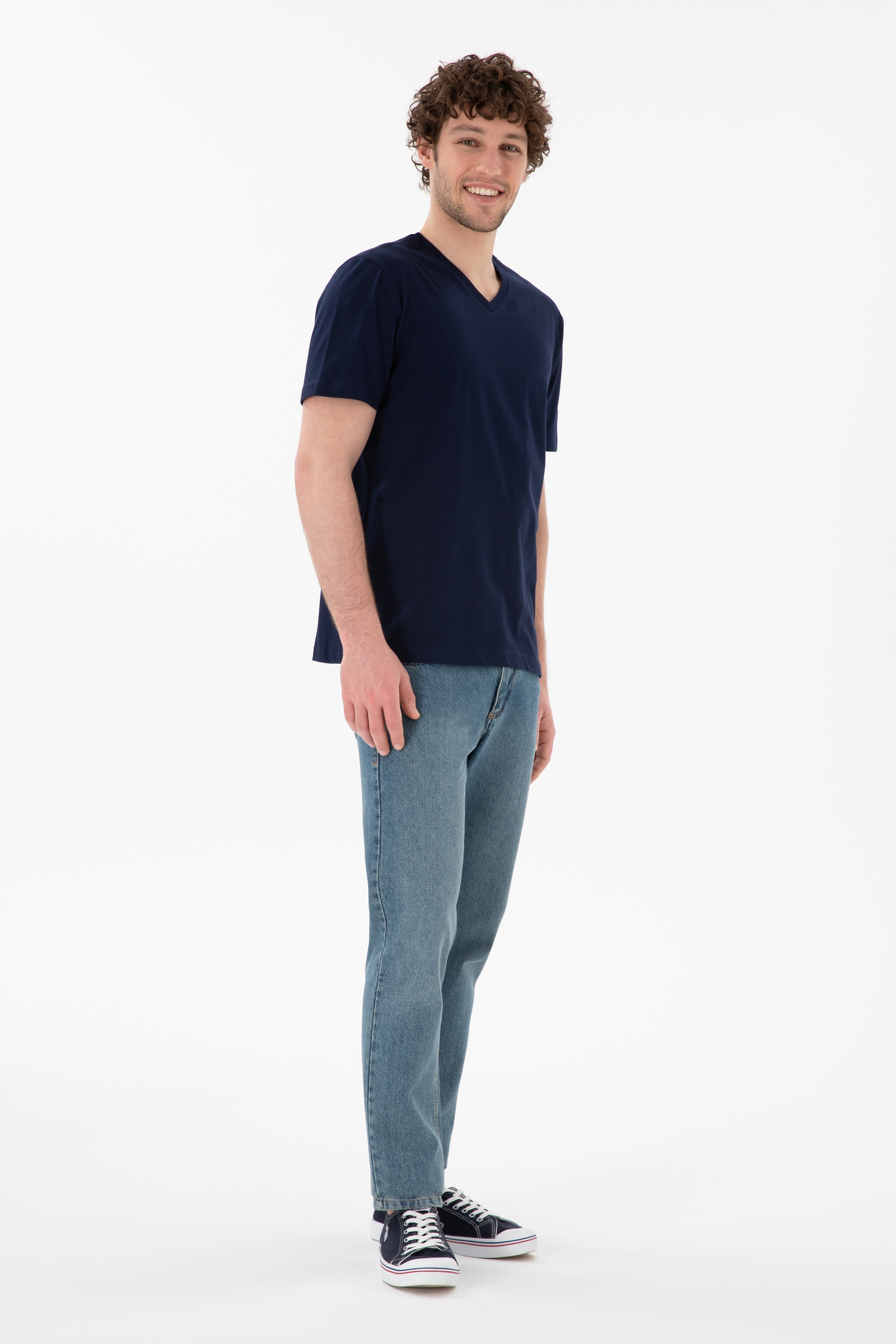 Erkek Regular Fit  V Yaka Lacivert Basic Tişört - Image 5