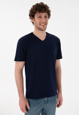 Erkek Regular Fit  V Yaka Lacivert Basic Tişört - 50305858036