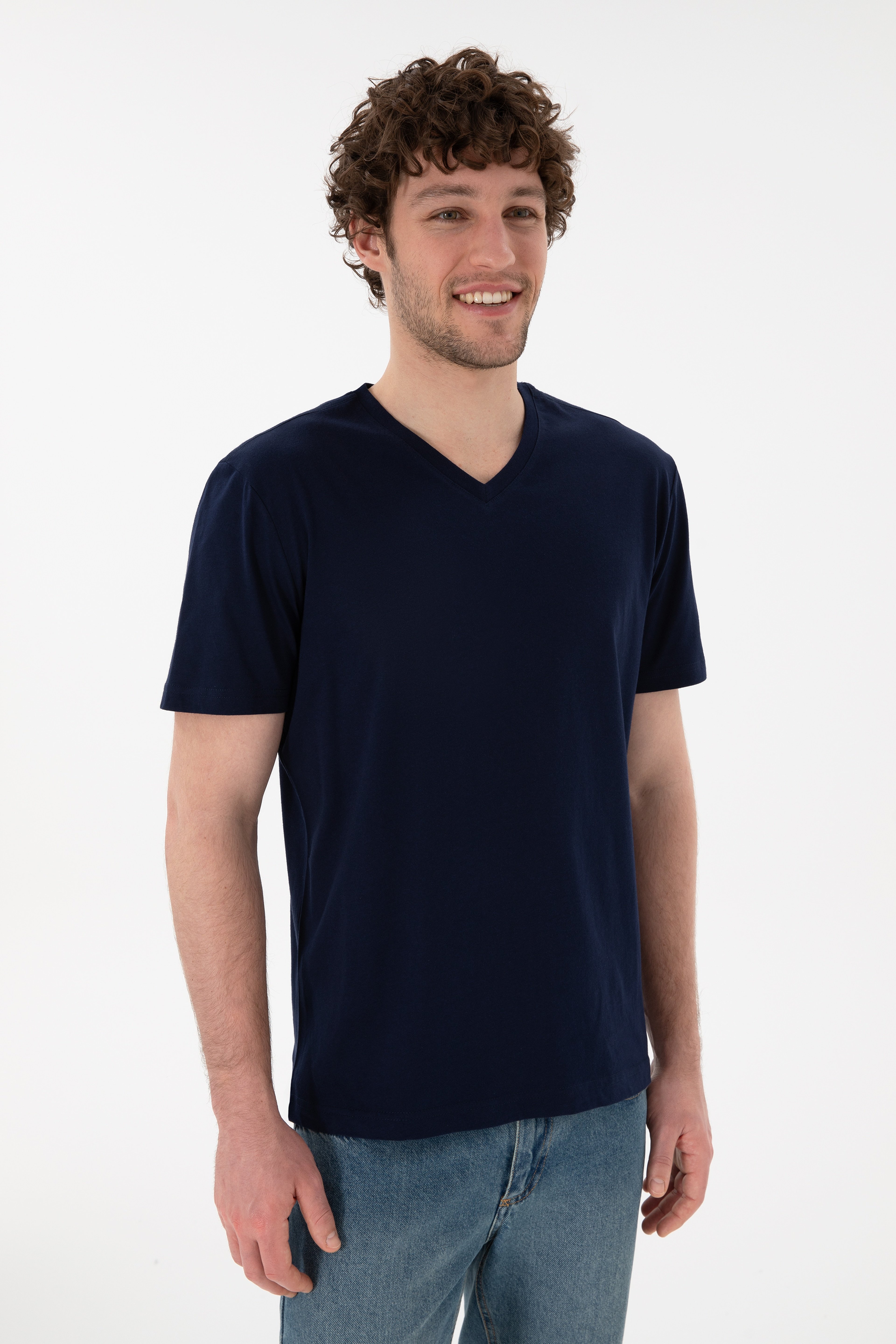 Erkek Regular Fit  V Yaka Lacivert Basic Tişört