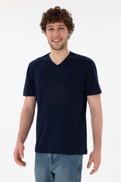 Erkek Regular Fit  V Yaka Lacivert Basic Tişört