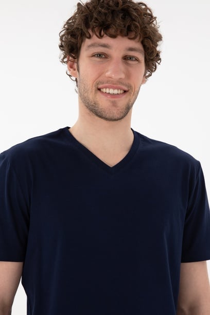 Erkek Regular Fit  V Yaka Lacivert Basic Tişört