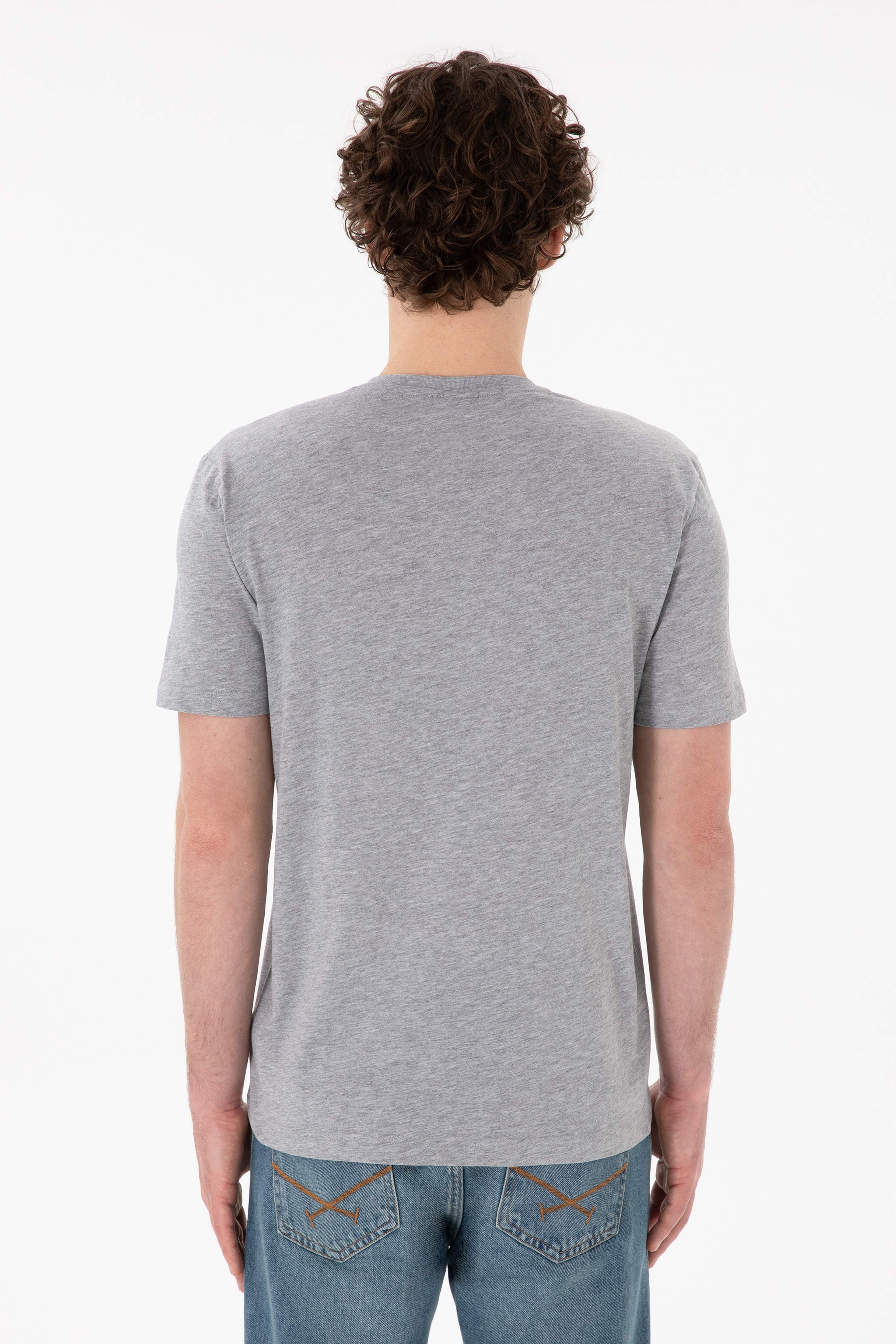 Erkek Regular Fit  V Yaka Gri Melanj Basic Tişört - Image 6