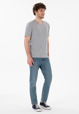 Erkek Regular Fit  V Yaka Gri Melanj Basic Tişört - 50305858029