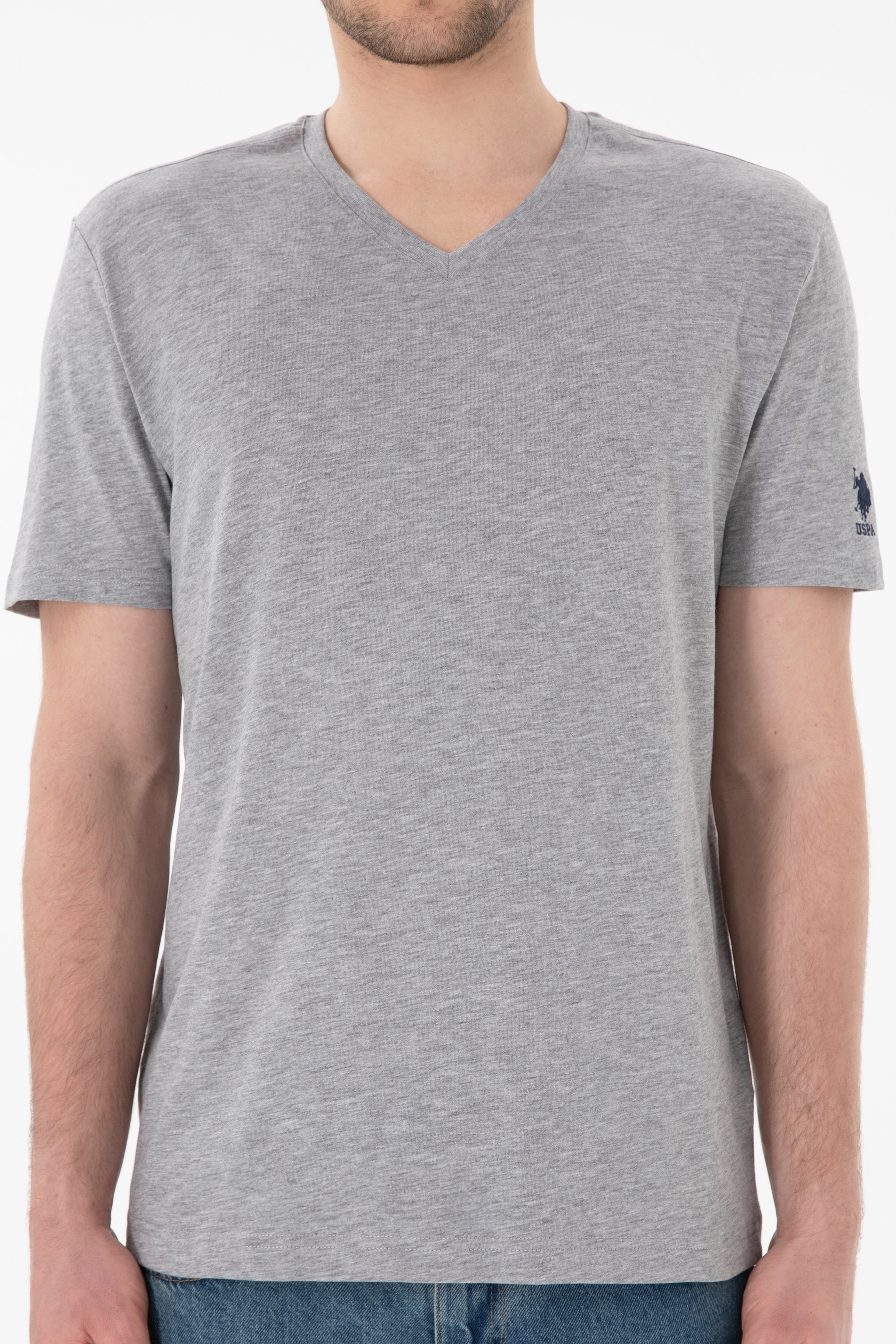 Erkek Regular Fit  V Yaka Gri Melanj Basic Tişört - Image 7