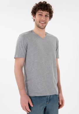 Erkek Regular Fit  V Yaka Gri Melanj Basic Tişört - 50305858029