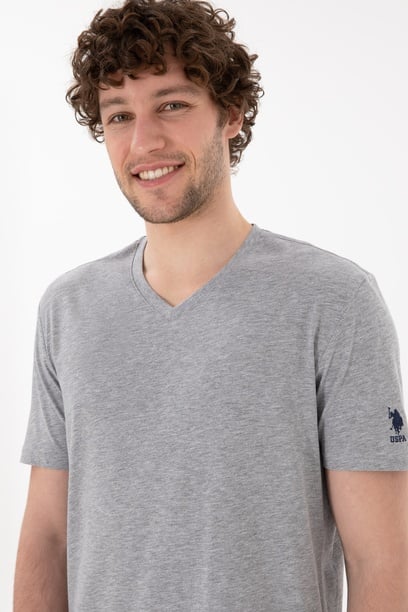 Erkek Regular Fit  V Yaka Gri Melanj Basic Tişört