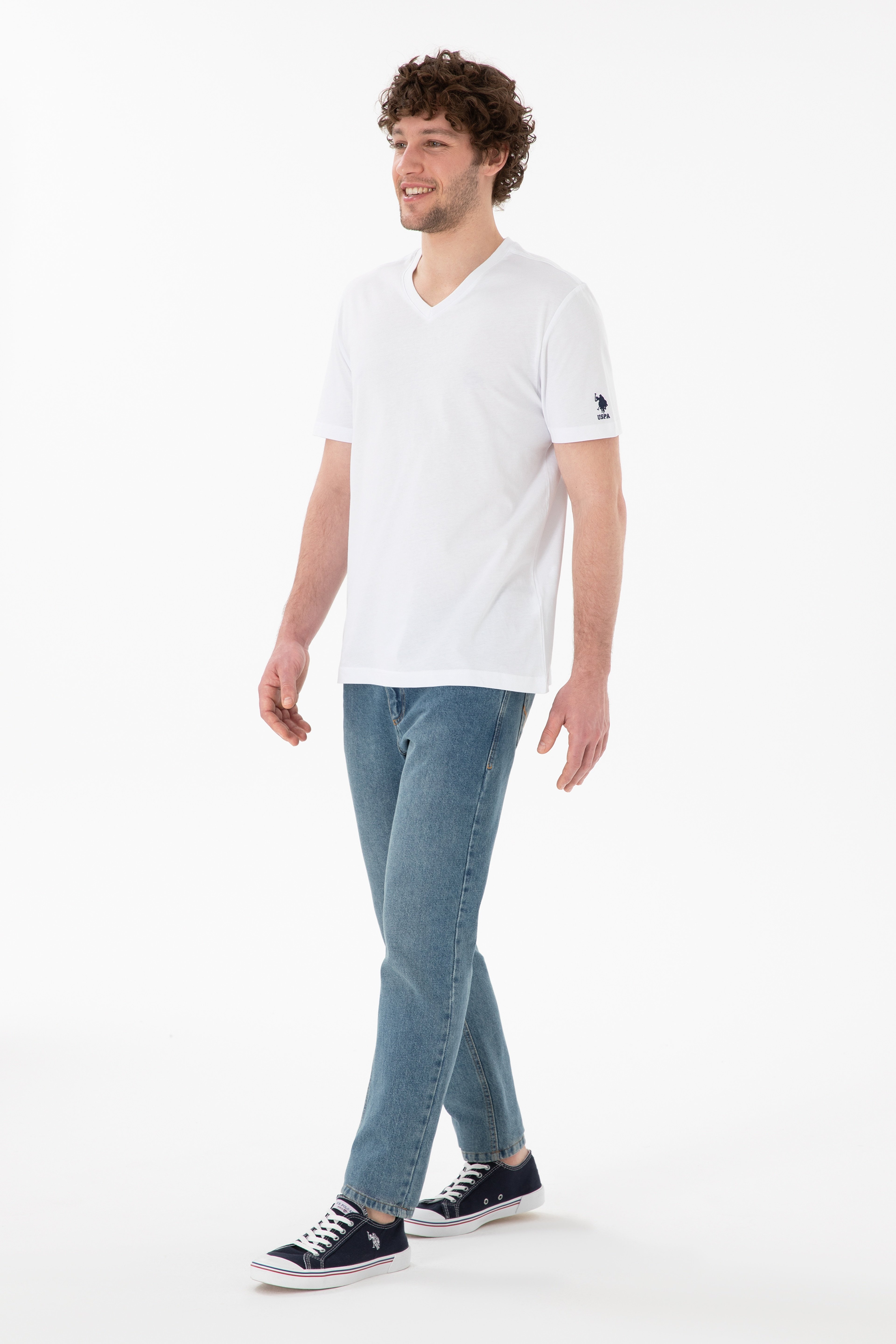 Erkek Regular Fit  V Yaka Beyaz Basic Tişört