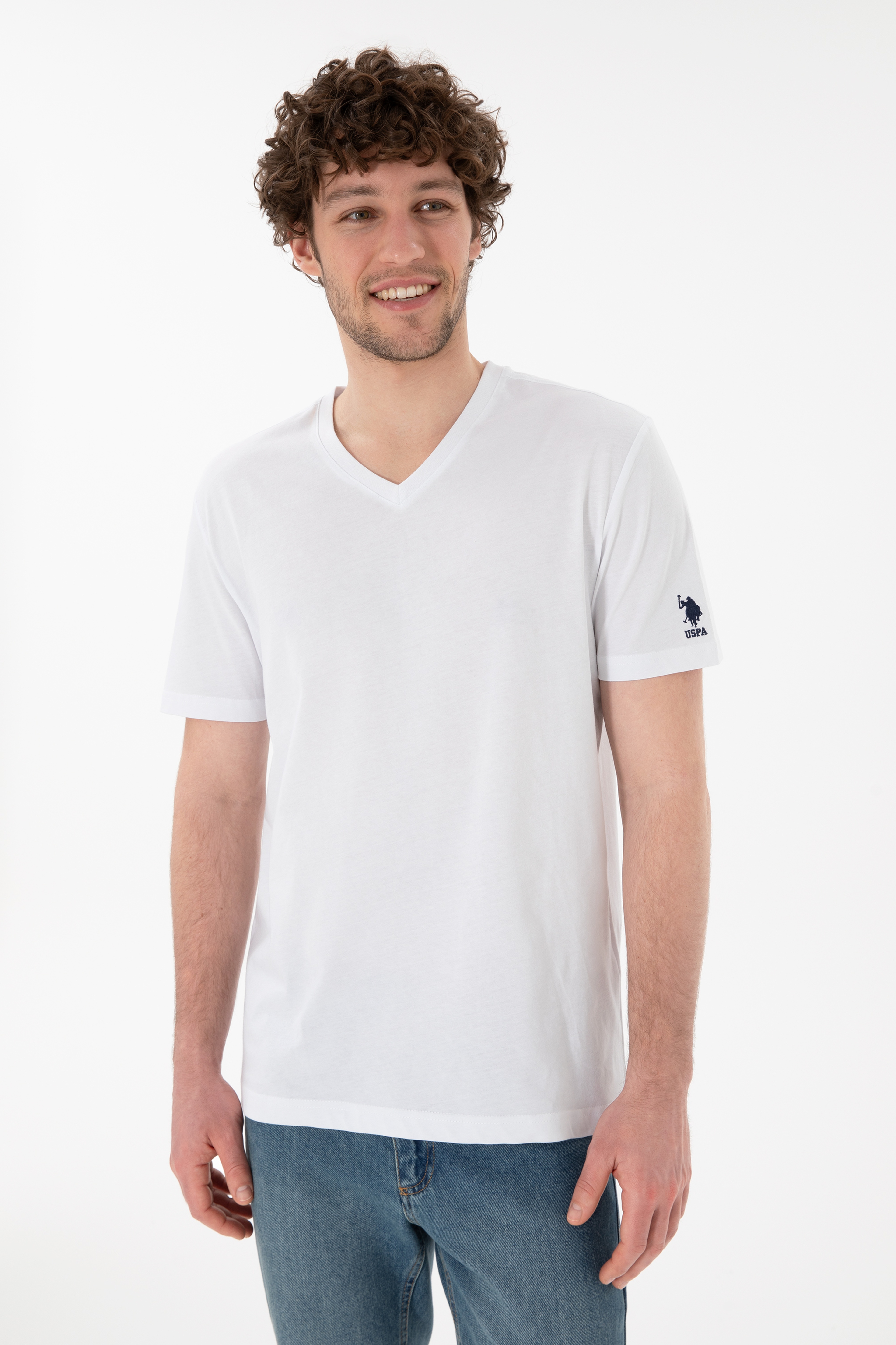 Erkek Regular Fit  V Yaka Beyaz Basic Tişört
