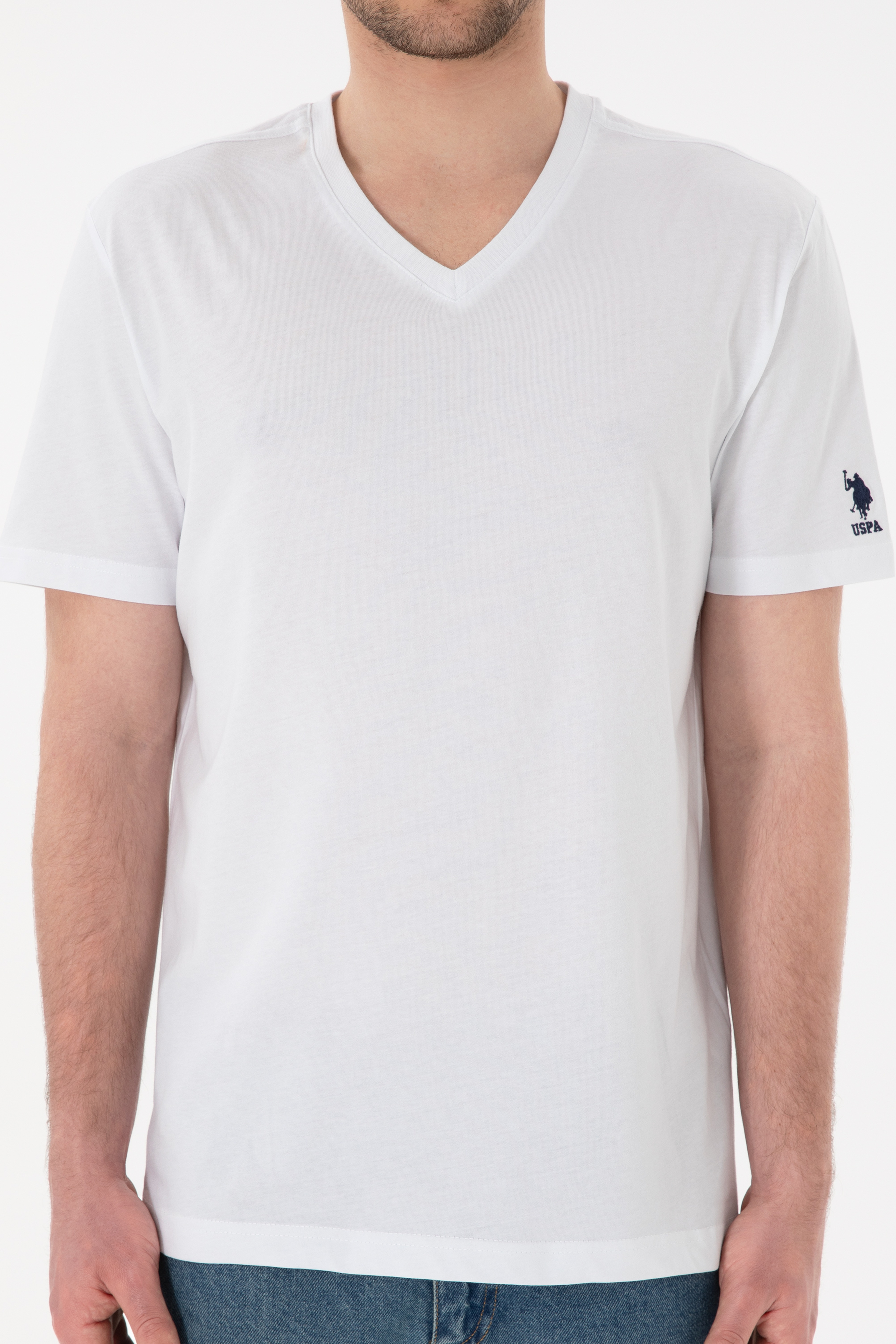 Erkek Regular Fit  V Yaka Beyaz Basic Tişört