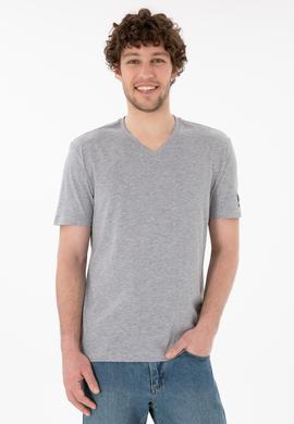 Erkek Regular Fit  V Yaka Gri Melanj Basic Tişört - 50305858029