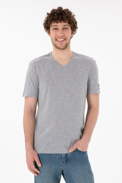 Erkek Regular Fit  V Yaka Gri Melanj Basic Tişört