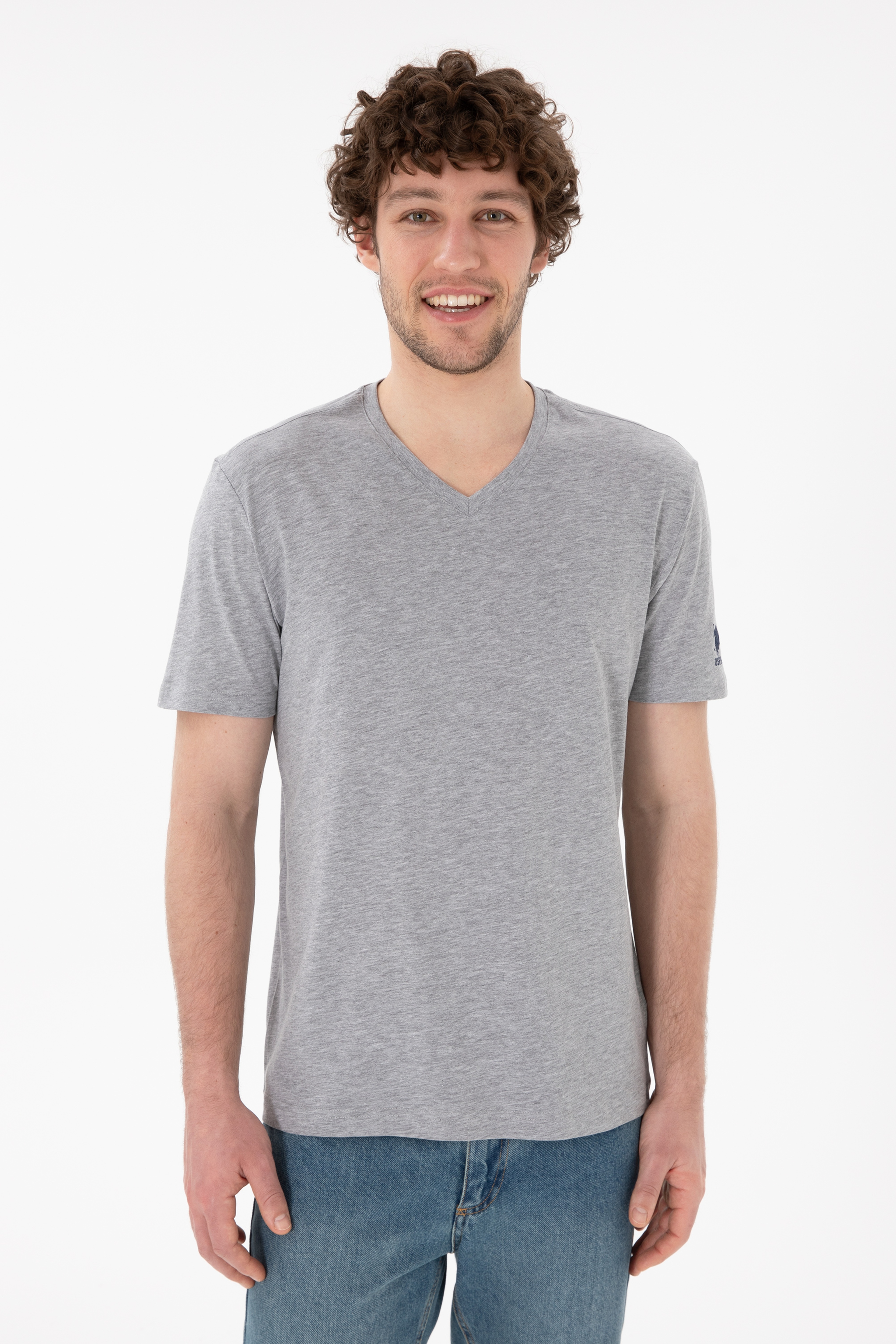 Erkek Regular Fit  V Yaka Gri Melanj Basic Tişört - Image 2