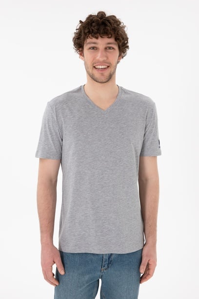 Erkek Regular Fit  V Yaka Gri Melanj Basic Tişört